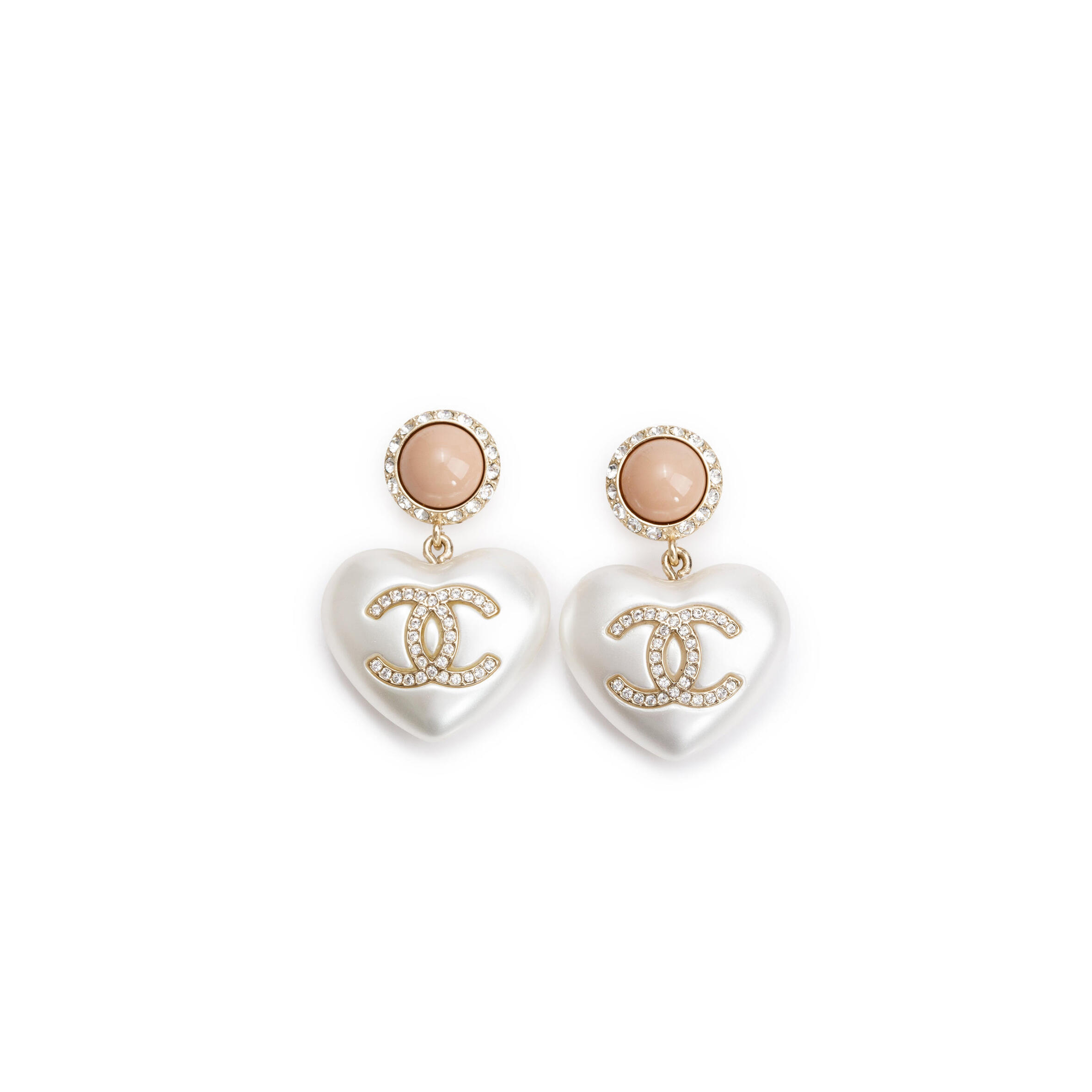 Ch**el gold plated faux pearl strass cc heart drop earrings